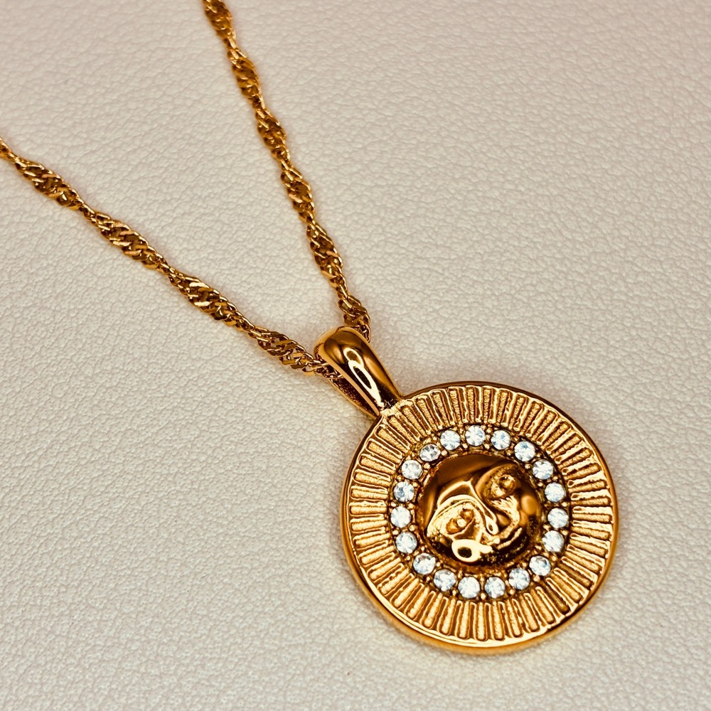 Gold Textured CZ Sun Medallion Pendant Twisted Dainty Chain Necklace